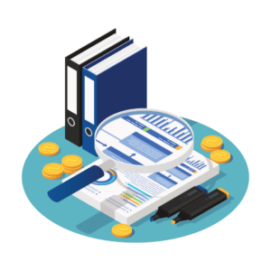 Egy nagyító dokumentumokat vizsgál, vektoros illusztráció