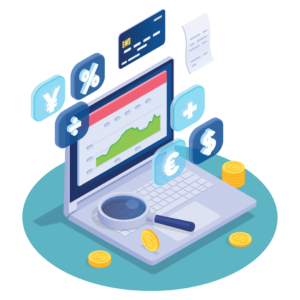 Vektoros laptop illusztráció pénzügyi ikonokkal