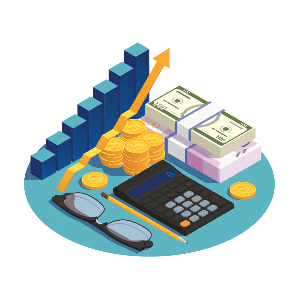 Pénzügy-számvitel illusztráció pénzzel, számológéppel és grafikonnal