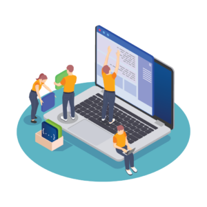 Apró emberi figurák egy laptopon állva fejlesztést hajtanak végre